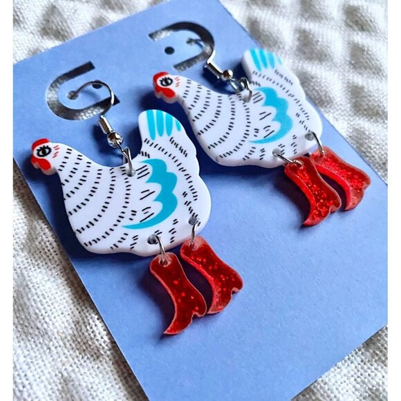 New White & Blue Chicken w/ Glitter Red Cowboy Boots Retro 80s Style Earrings - Picture 3 of 6